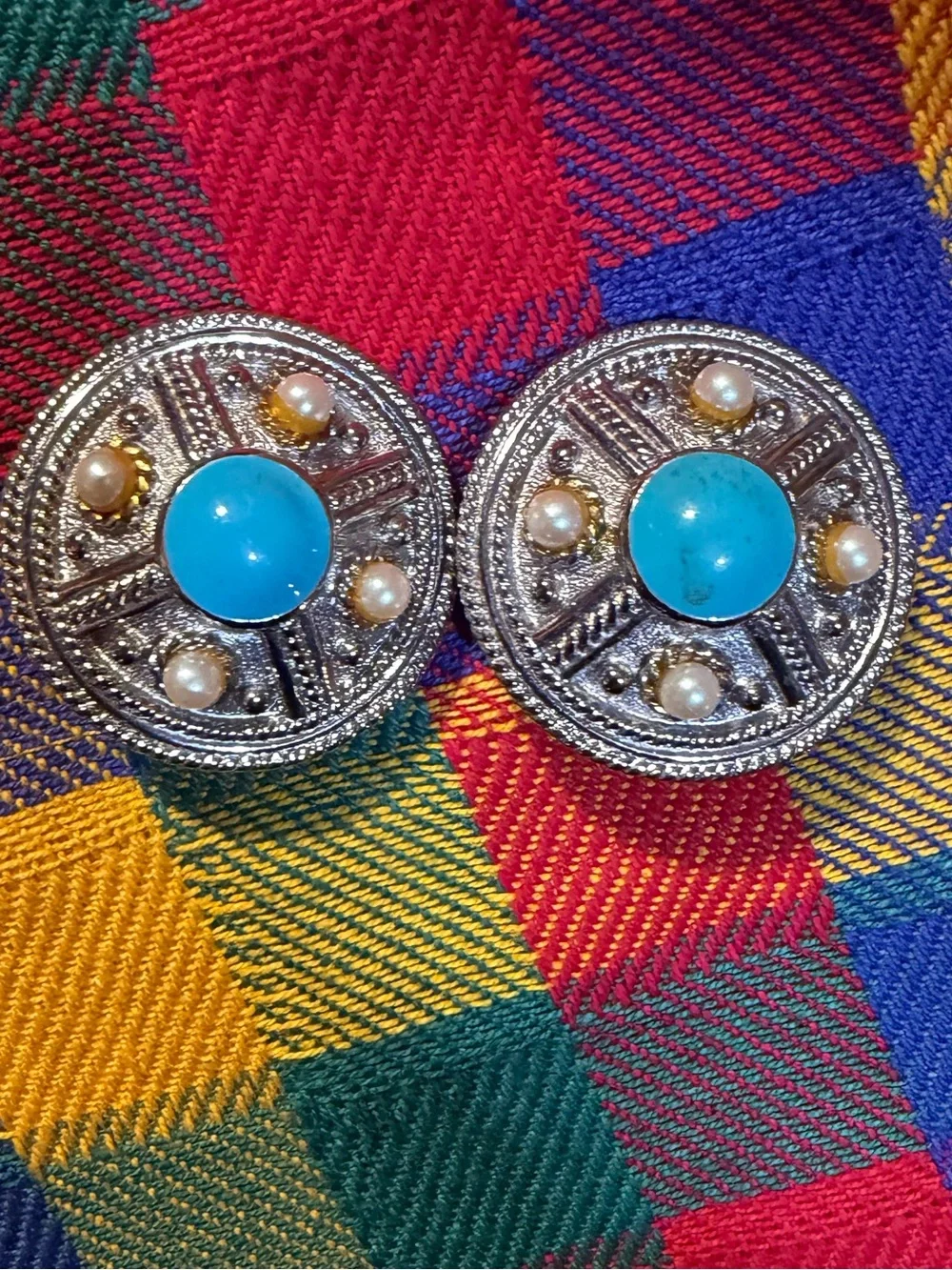 Vintage Turquoise and Pearl Round Statement Clip On Earrings